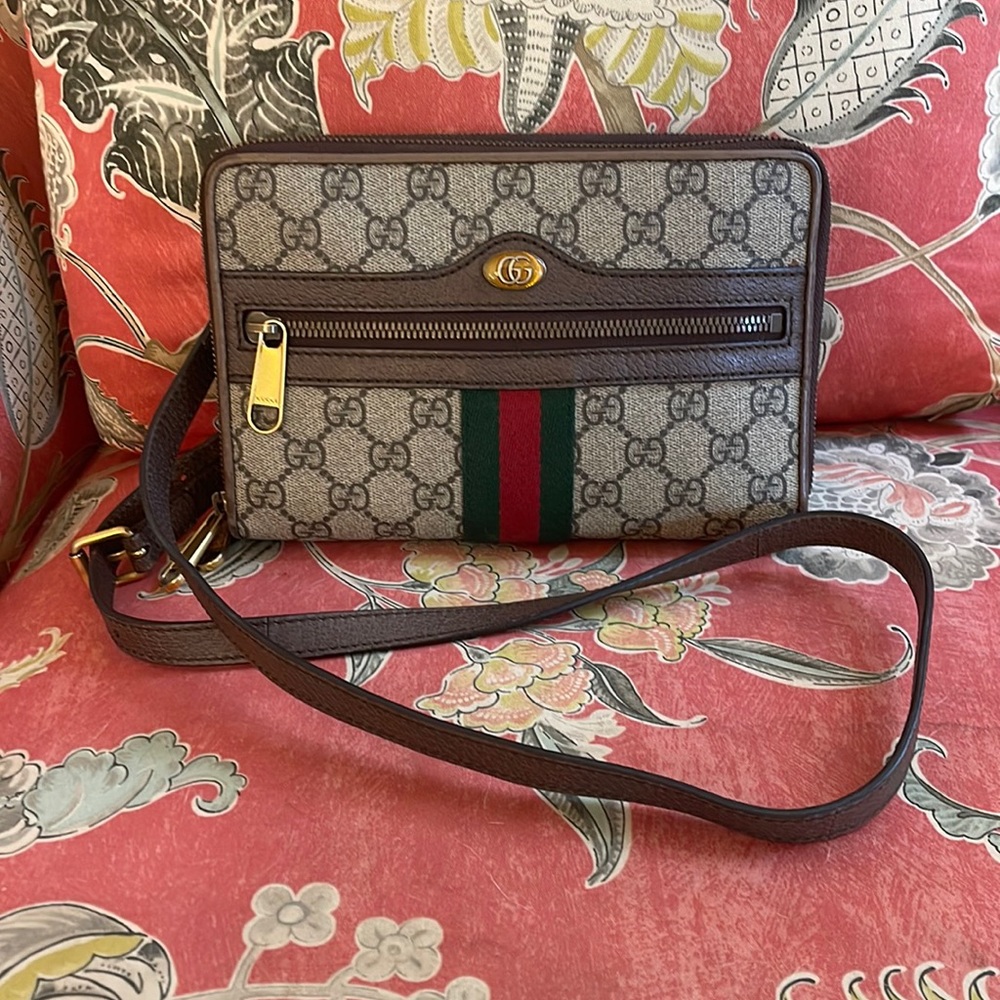 Gucci Ophidia Double Zip Crossbody Bag GG Coated Canvas Small Brown